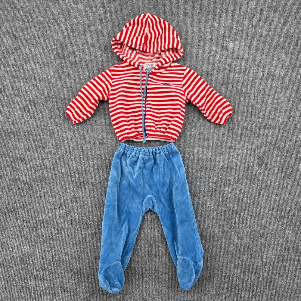 Vintage Izod Lacoste Baby Striped Hoodie and Footed Pants Set Red Blue 3-6M